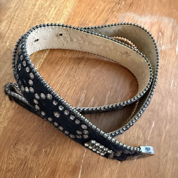 BB Simon Crystal Beaded Studded Western Black Leather Belt Sz L 32-38” Pony Hair main image 10